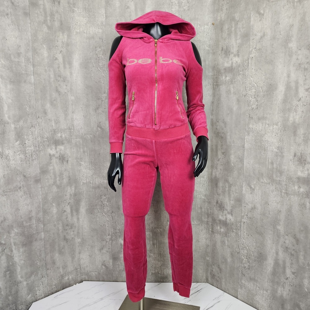 Bebe Womens S Dark Pink Plush Velour One Piece Jumpsuit Cold Shoulder Hoodie‎